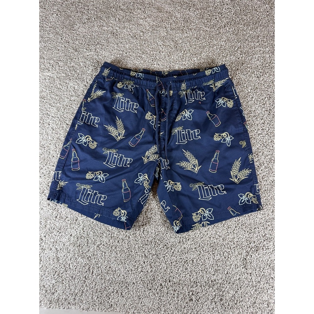 Miller Lite‎ Men's 7" Swim Board Trunks Shorts Size L Blue Stretch Pull On Beach